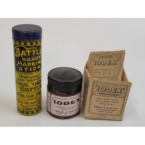 174 - A collection of vintage items including Iodex ointment, shoe studs war time pack, Battle's handy mar... 