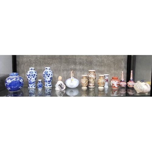 235 - Chinese blue and white ginger jar, pair blue and white vases 19cm, and a small vase 9cm; ten Japanes... 