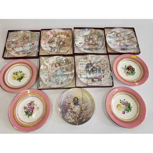 251 - A Colclough crimson rose pattern part tea service, four porcelain floral pattern plates with pink bo... 