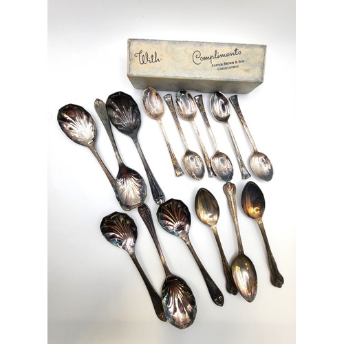 266 - Three EPNS tea spoons,  six shell shaped EPNS teaspoons and six Arthur Brown EPNS spoons. 269gms.