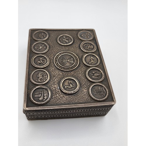 267 - Pewter coloured box with symbols of the twelve tribes of Israel on the lid. Unmarked. Hinge lid. 156... 