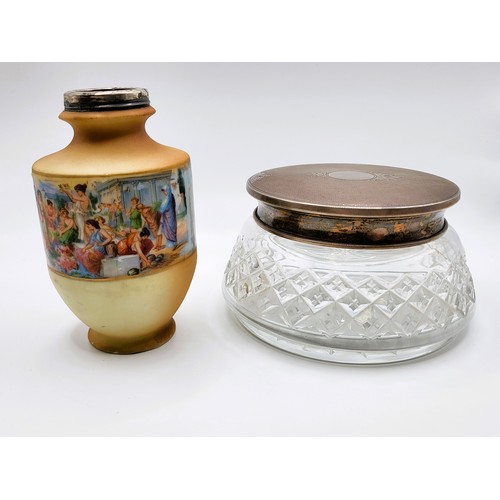 270 - A small decorative ceramic urn with a silver rim London 1921, 11cm  and a cut  glass dish with a mac... 