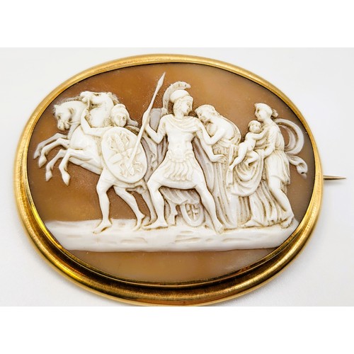 296 - Two cameo brooches: Phoebus and armour, and his horses in an ornate gold plated frame (slight damage... 