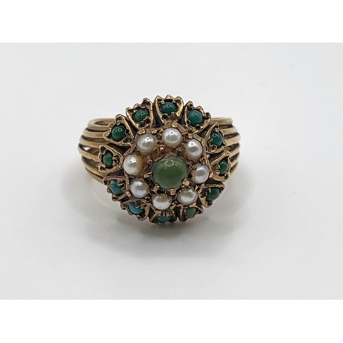 306 - A gold coloured pearl and turquoise tiered ring.