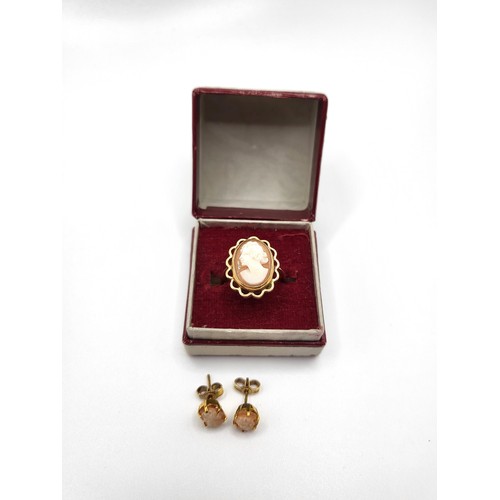 325 - A 9ct yellow gold cameo ring, size L 1/2 and a pair of 9ct yellow gold cameo earrings. 4.2gms all in... 