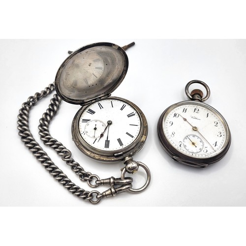 370 - Two pocket watches: one silver with silver chain with hallmarked on each link (The fob chain alone w... 