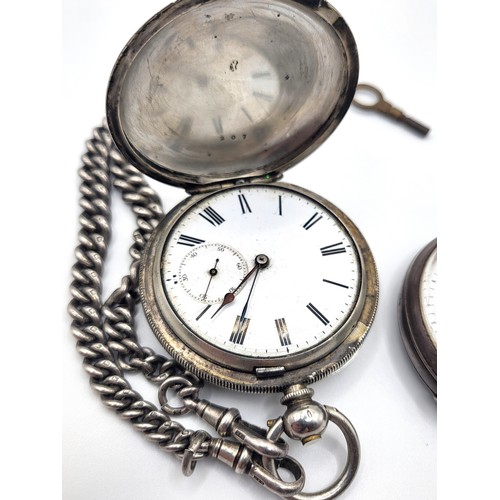 370 - Two pocket watches: one silver with silver chain with hallmarked on each link (The fob chain alone w... 