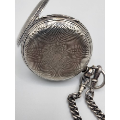 370 - Two pocket watches: one silver with silver chain with hallmarked on each link (The fob chain alone w... 