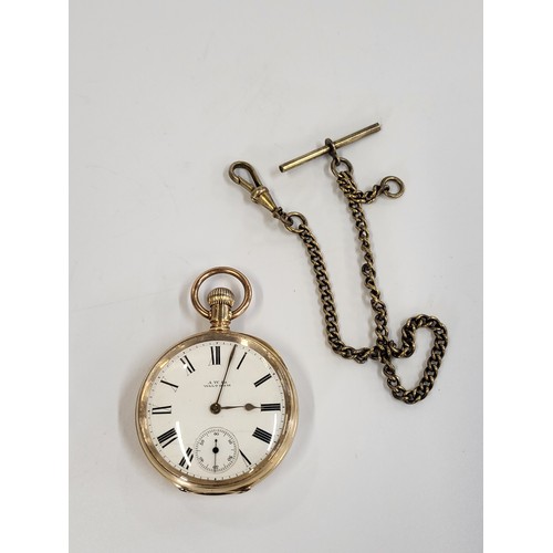 374 - A Waltham 10ct gold pocket watch. 4.5 cm diameter. Running and on a metal fob chain. 102gms.