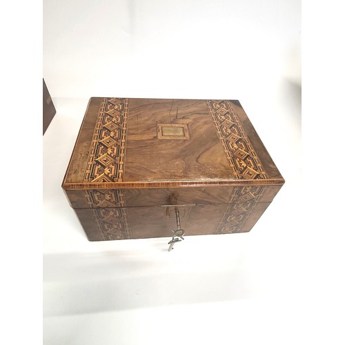 3 - A mahogany writing slope with brass corners and a walnut box with marquetry supplied with two keys. ... 