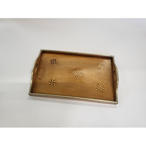 17 - A brass edged satin wood inlay tray in satin wood. 6cm x 46cm x 29cm.