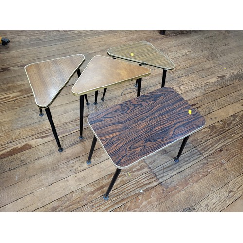 20 - Four small mid century tables: one rectangular 40cm x 49cm, three triangular 40cm x 44cm.