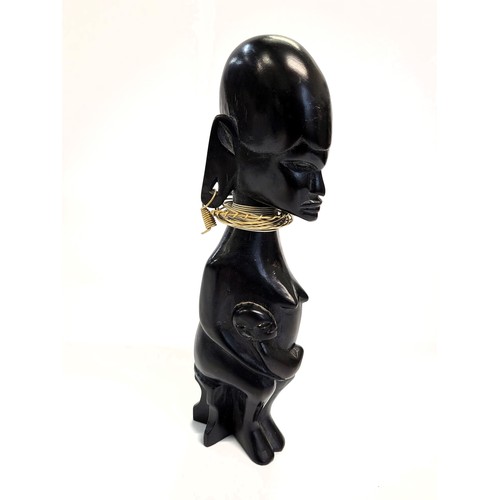 84 - Antique African ebony carved mother/child with silver neck elongator and earrings.