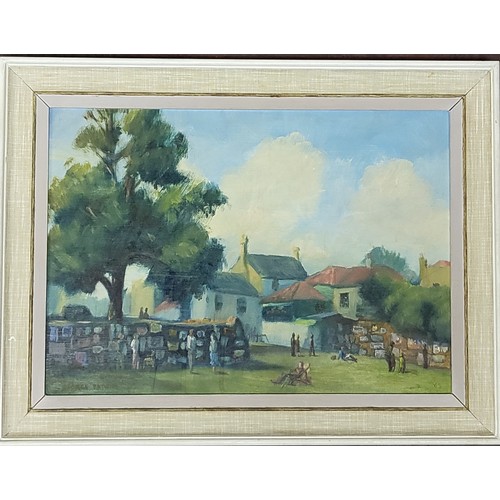 63 - George Patient, an oil on board, village scene with people strolling and relaxing.