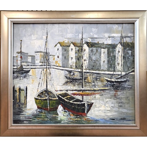 65 - Oil on canvas boats in harbour signed C Kevin. Framed, 63cm x 73cm including frame.