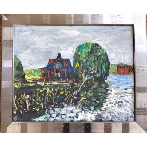 68 - A House by the River Thames at Wargrave in a silver frame , 51cm x 61cm including frame.