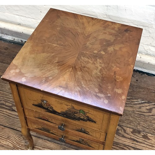 6 - A sewing chest with Oriental designs painted on the side, with a hinged top and two small drawers, s... 