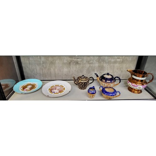 199 - Royal Doulton Slater's Patent teapot, bowl and jug, copper lustre jug, teapot and a pair of porcelai... 