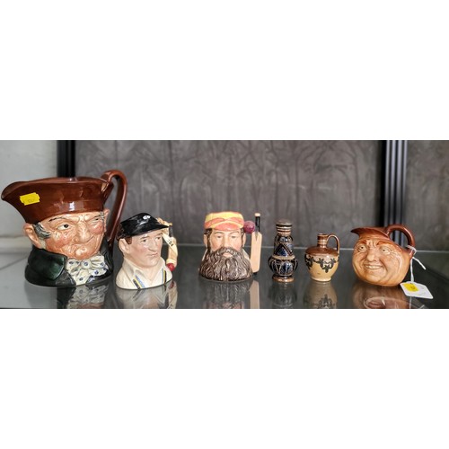 213 - Royal Doulton character jugs-Old Charley 16cm, W.G. Grace 10cm, Len Hutton 10cm, Old Lad 9cm, stonew... 