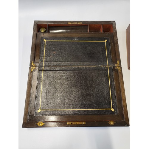 40 - A mahogany writing slope monogrammed and dated 1835 with black insert, ink pot and key 14cm x 41cm x... 