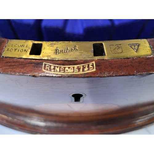 41 - An empty Edwardian horseshoe shaped canteen box with inlay and blue velvet interior, dated 1927 (pre... 