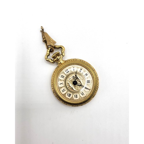 405 - A gilt metal pocket watch, gilt dial with Roman numerals, the case with embossed decoration, associa... 