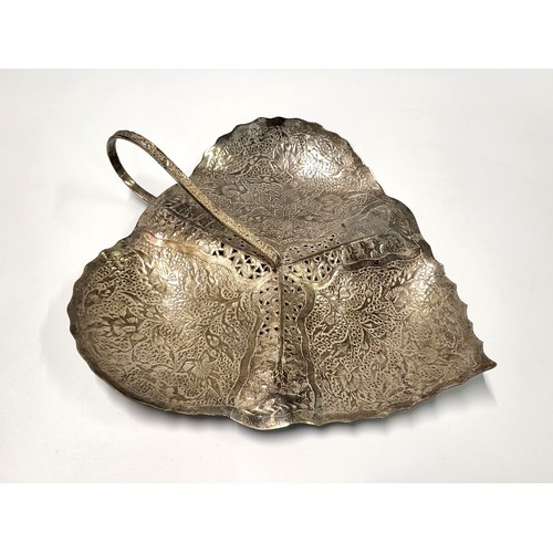 164 - A metal tray in the form a leaf with three sections adorned with foliate design, and a handle. 40cm ... 