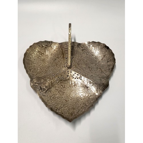 164 - A metal tray in the form a leaf with three sections adorned with foliate design, and a handle. 40cm ... 