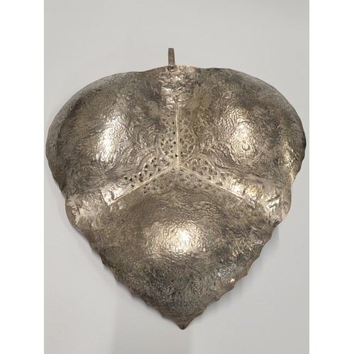 164 - A metal tray in the form a leaf with three sections adorned with foliate design, and a handle. 40cm ... 