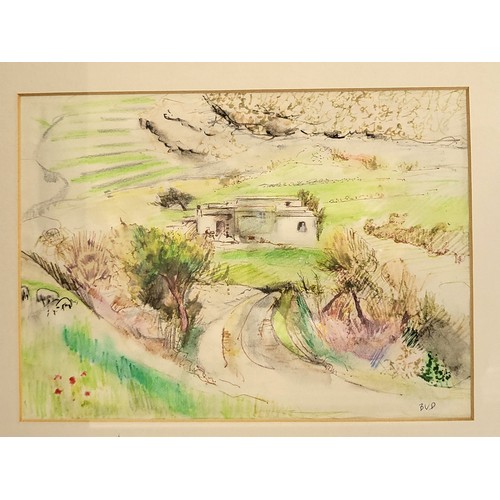 32 - 'Greek Cottage' (Isle of Aegina) in wax crayon and wash framed and glazed 46cm x 51cm including fram... 