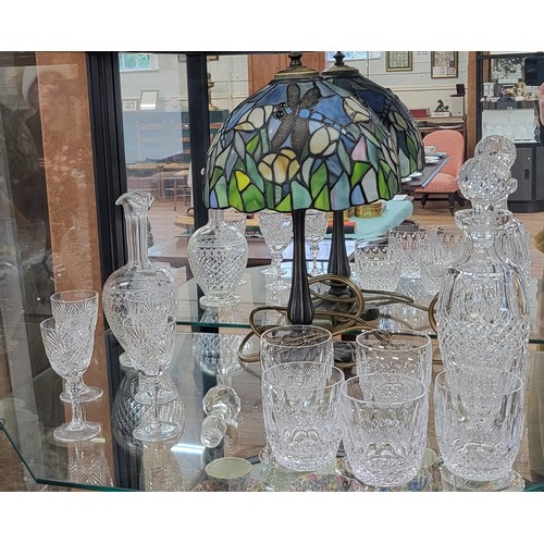 158 - A 1990's Tiffany-style lamp 40cm, cut glass wares including decanter with stopper 27cm, a carafe 23c... 