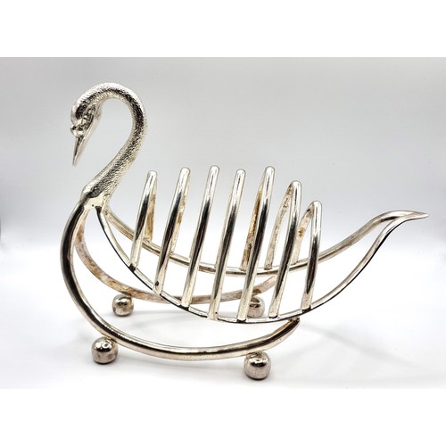 168 - A silver plate six section toast rack in the shape of a swan on four ball feet 468gms 16cm x 22cm.