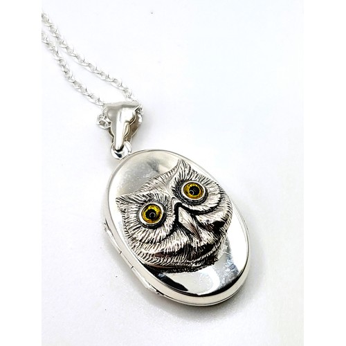 271 - A silver photo locket stamped 925, with embossed owl with glass eyes on a 40cm silver coloured chain... 