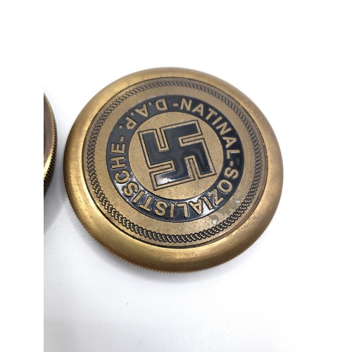 23 - A brass screw top compass with swastika emblem inscribed 'Natinal-Sozialistische- D.A.P.' on top, an... 