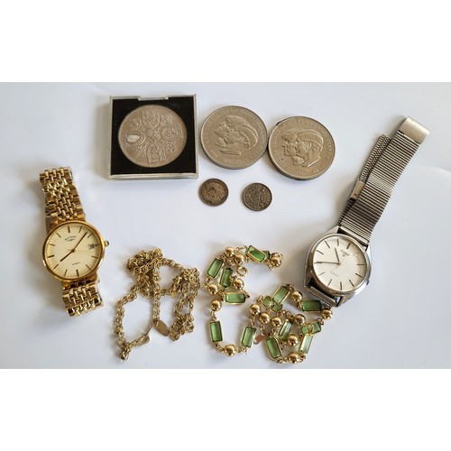 283 - Pulsar and Rotary watches, three crowns (including two Charles and Diana), two silver threepennies, ... 