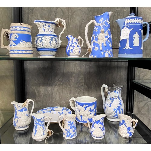 160 - Blue and white bisque jugs, mug, tankard and dish by Copeland, Dudson, T.J. & J. Meyers Dale Hall  p... 