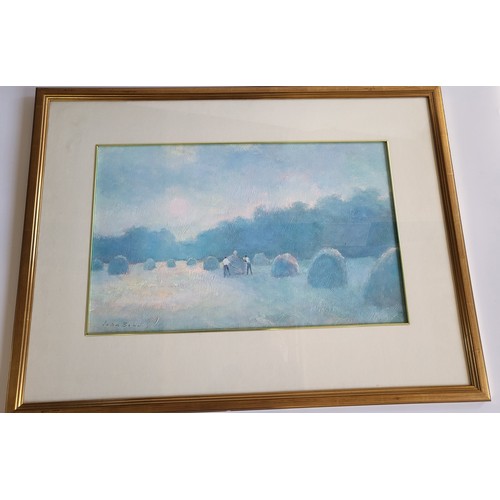 54 - Watercolour 'Two Harvesters on a Blue Day' signed by John Bond. Framed & glazed. 79cm x 59cm includi... 