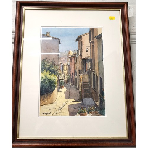 69 - Original watercolour townscape signed by 'Grimoin' framed & glazed. 46cm x 56cm including frame.