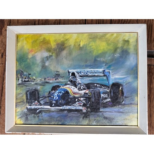 71 - Ted Lerver signed oil on board depicting a Formula 1 racing car in action.