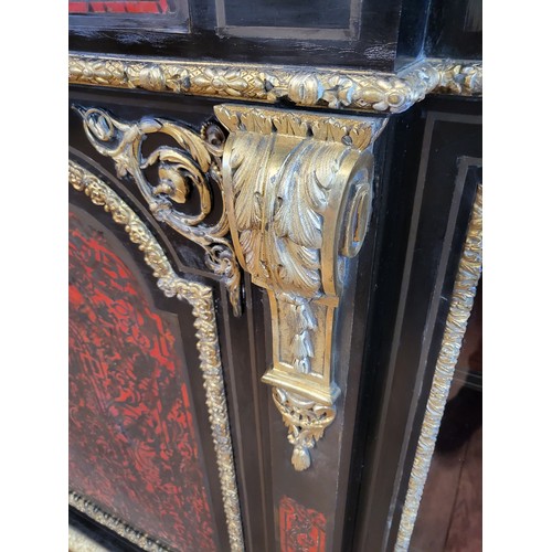 1 - French style Napoleon III Boulle twin display cabinet/ credenza with central locked shelved cupboard... 