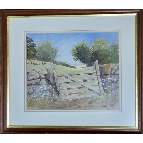 65 - Barbara West watercolour study of a wood gate in a landscape and Peter McLoughlin signed watercolour... 