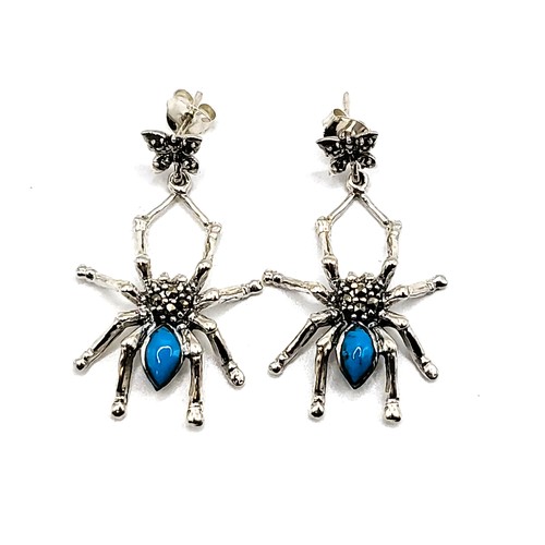 357 - A pair of silver and marcasite set earrings in the form of spider with turquoise coloured abdomen an... 