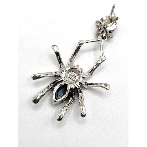 357 - A pair of silver and marcasite set earrings in the form of spider with turquoise coloured abdomen an... 