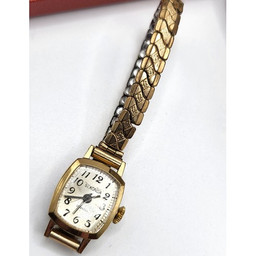 371 - Three ladies antique/vintage watches, one 9ct gold Sekonda, one Rotary rolled gold and a gold plated... 