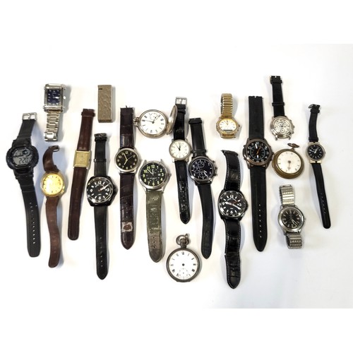 374 - Sixteen watches and two fob watches, one silver, and a lighter