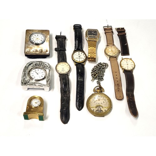 380 - A collection of miniature clocks, a fob watch and five wrist watches, a silver miniature clock, an A... 