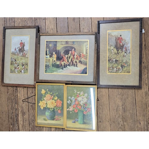 122 - A collection of five Victorian prints, three in matching oak frames, largest 48cm x 31cm including f... 