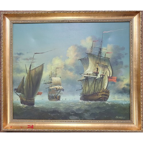 123 - A collection of three works of art, includes an oil on canvas featuring a Three Galleons at sea by B... 