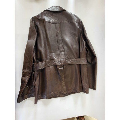 133 - A Typically stylish 1970's dark brown genuine English leather 3/4 length jacket with matching belt.