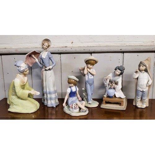 241 - Five Lladro figures including young lady with parasol 32.5cm, seated girl with basket of flowers 16c... 